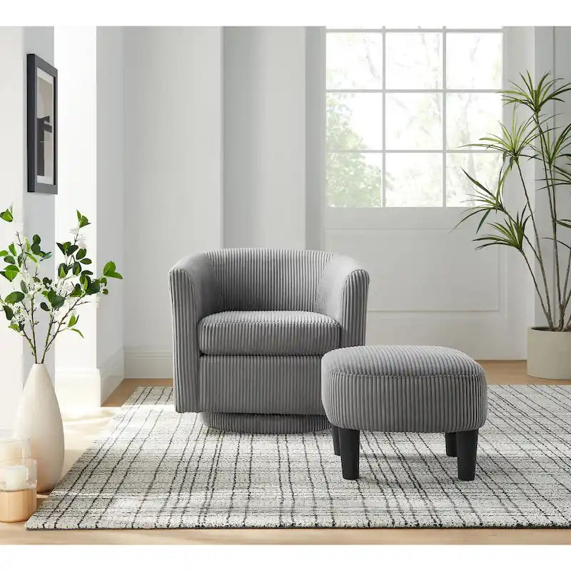 Grey Corduroy Swivel Accent Chair with Ottoman, 360°, 1-Seat