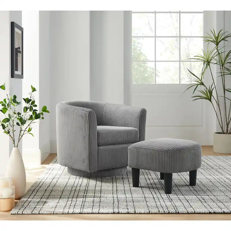 Grey Corduroy Swivel Accent Chair with Ottoman, 360°, 1-Seat