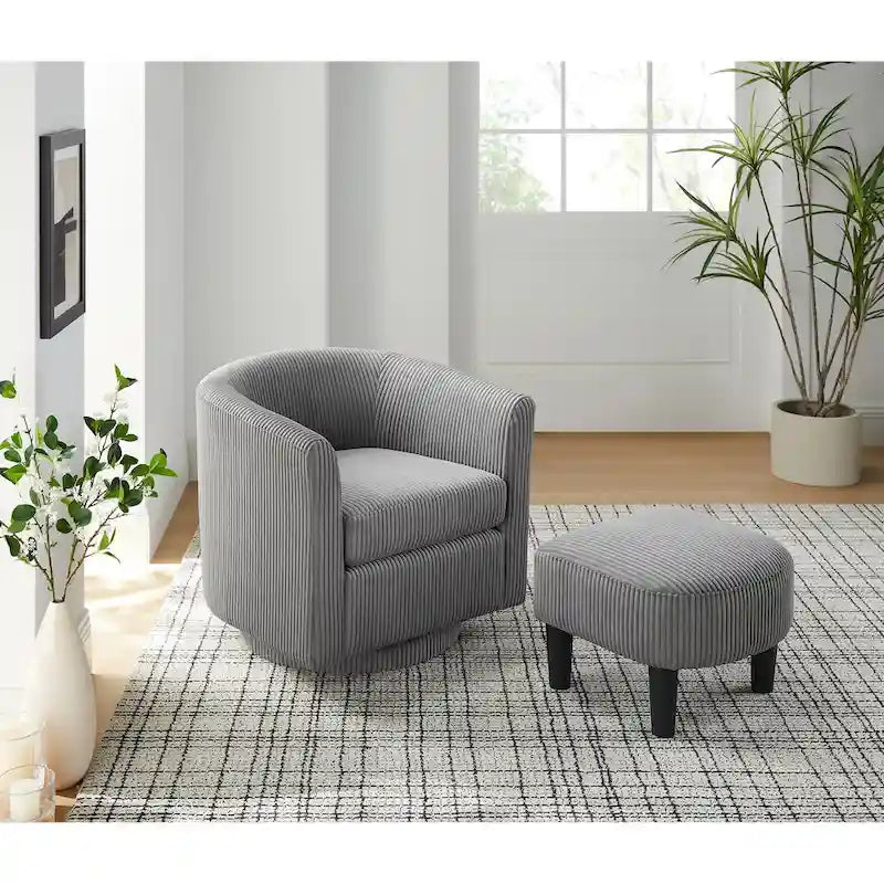 Grey Corduroy Swivel Accent Chair with Ottoman, 360°, 1-Seat