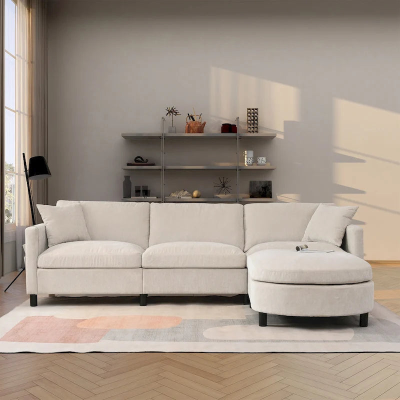 Beige 107.87 Spacious 4 Seater Sectional Sofa with Movable Ottoman, Removable Cushions, and Convenient Armrest Storage