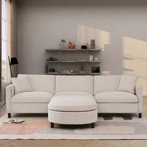 Beige Fabric 4-Seater Sectional Sofa with Ottoman