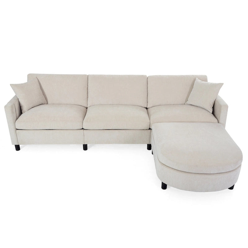 Beige 107.87 Spacious 4 Seater Sectional Sofa with Movable Ottoman, Removable Cushions, and Convenient Armrest Storage
