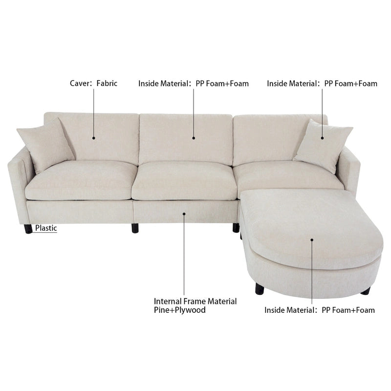 Beige 107.87 Spacious 4 Seater Sectional Sofa with Movable Ottoman, Removable Cushions, and Convenient Armrest Storage