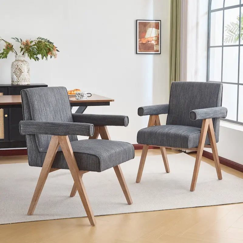 Beige / Charcoal Fabric Arm Dining Chair with Weathered Wood Legs, Set of 2