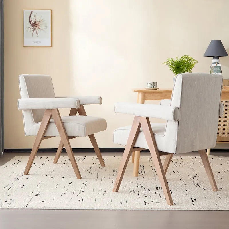 Beige / Charcoal Fabric Arm Dining Chair with Weathered Wood Legs, Set of 2