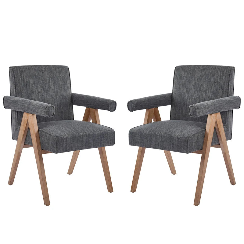 Beige / Charcoal Fabric Arm Dining Chair with Weathered Wood Legs, Set of 2