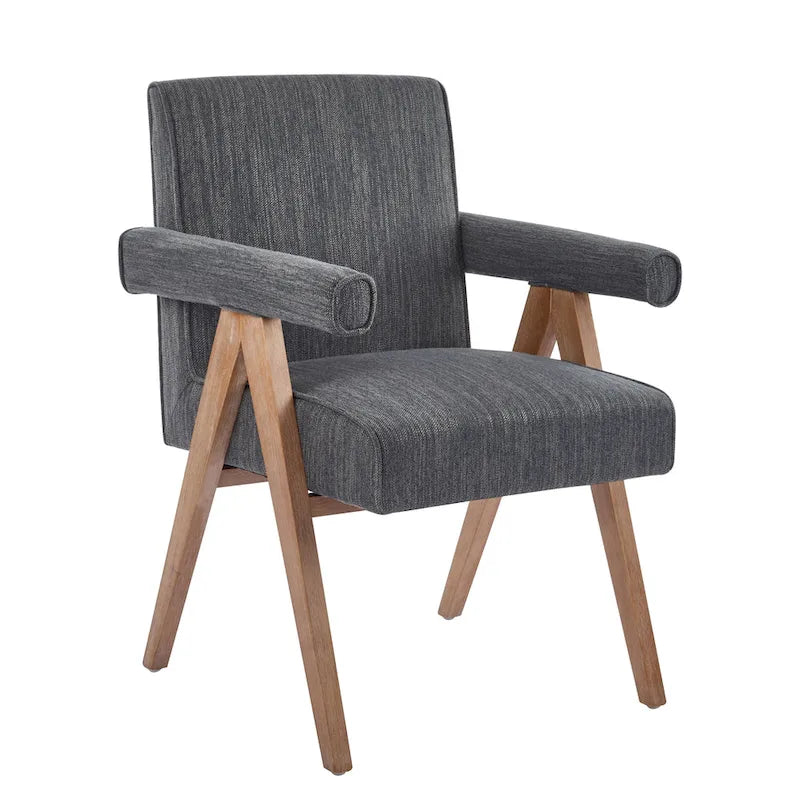 Beige / Charcoal Fabric Arm Dining Chair with Weathered Wood Legs, Set of 2