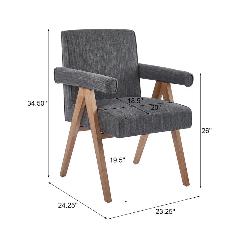 Beige / Charcoal Fabric Arm Dining Chair with Weathered Wood Legs, Set of 2