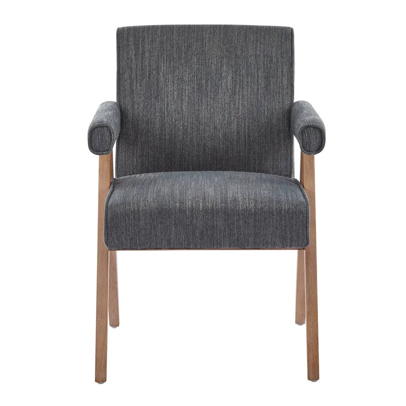 Beige / Charcoal Fabric Arm Dining Chair with Weathered Wood Legs, Set of 2