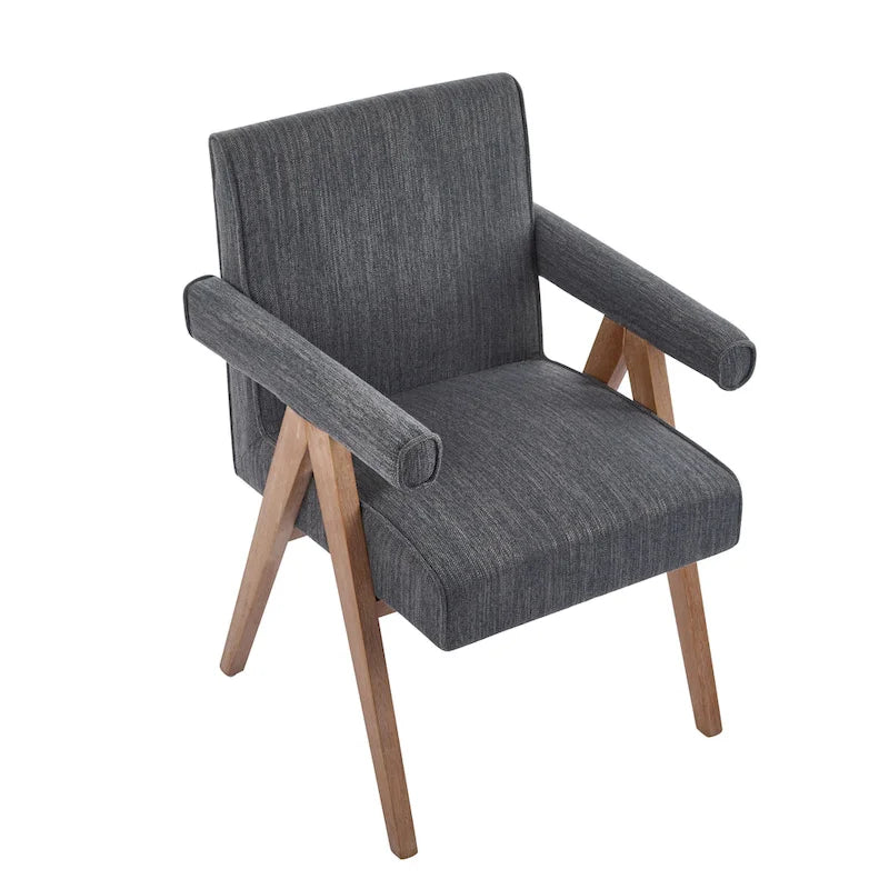 Beige / Charcoal Fabric Arm Dining Chair with Weathered Wood Legs, Set of 2