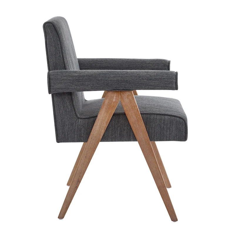 Beige / Charcoal Fabric Arm Dining Chair with Weathered Wood Legs, Set of 2
