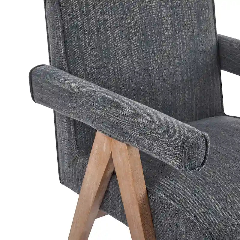 Beige / Charcoal Fabric Arm Dining Chair with Weathered Wood Legs, Set of 2