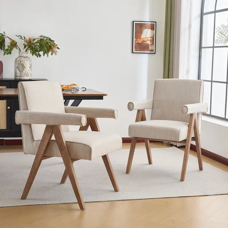 Beige / Charcoal Fabric Arm Dining Chair with Weathered Wood Legs, Set of 2