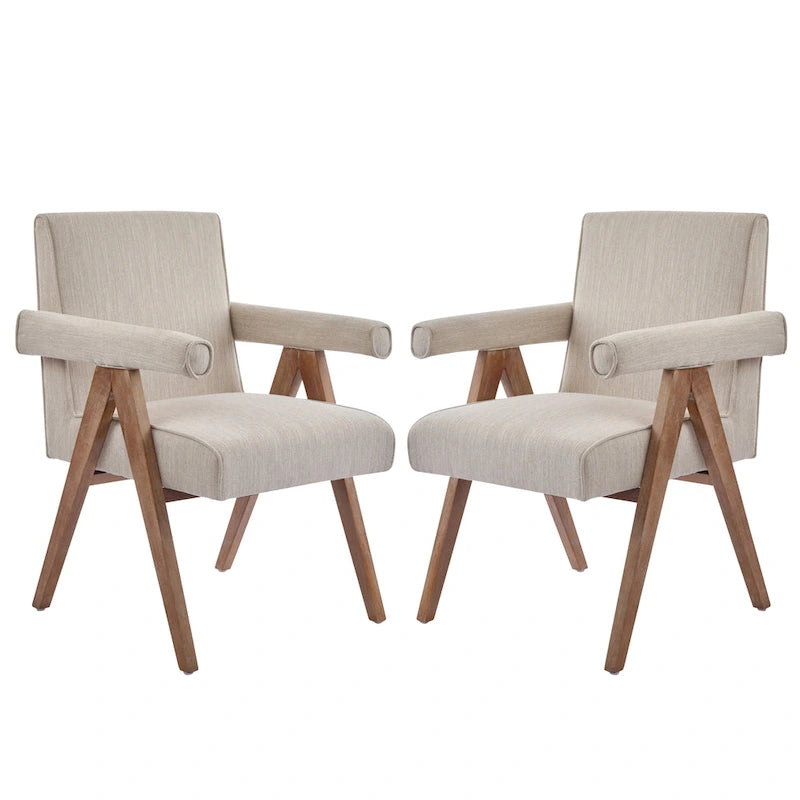 Beige / Charcoal Fabric Arm Dining Chair with Weathered Wood Legs, Set of 2