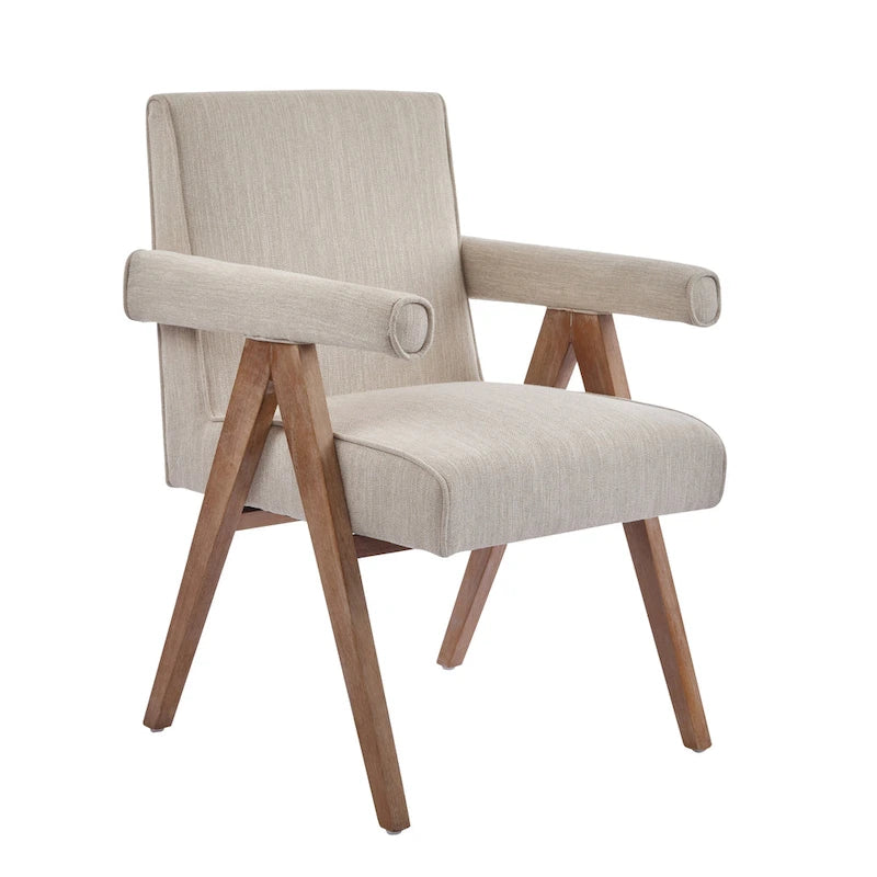 Beige / Charcoal Fabric Arm Dining Chair with Weathered Wood Legs, Set of 2