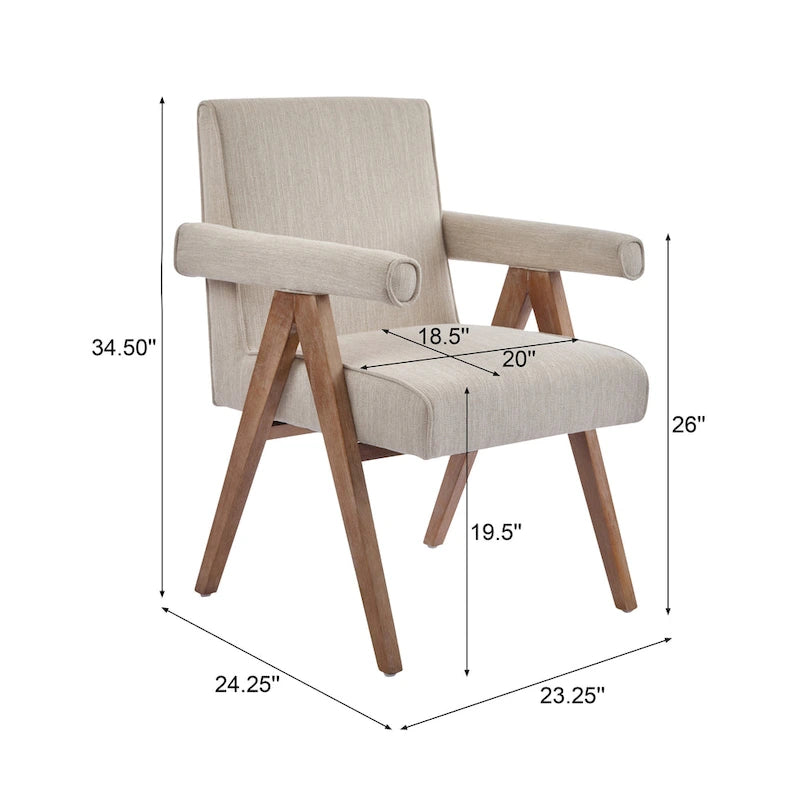 Beige / Charcoal Fabric Arm Dining Chair with Weathered Wood Legs, Set of 2