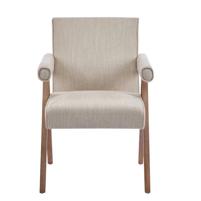 Beige / Charcoal Fabric Arm Dining Chair with Weathered Wood Legs, Set of 2