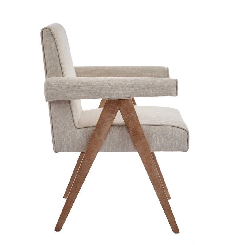 Beige / Charcoal Fabric Arm Dining Chair with Weathered Wood Legs, Set of 2