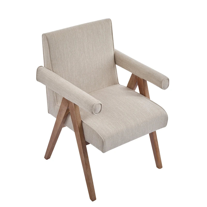 Beige / Charcoal Fabric Arm Dining Chair with Weathered Wood Legs, Set of 2