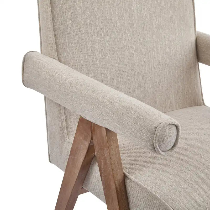 Beige / Charcoal Fabric Arm Dining Chair with Weathered Wood Legs, Set of 2