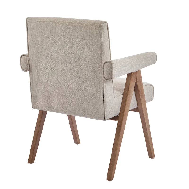Beige / Charcoal Fabric Arm Dining Chair with Weathered Wood Legs, Set of 2