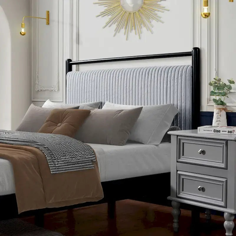 Grey & Black Full Platform Bed with Upholstered Headboard, Fits 1-2 People