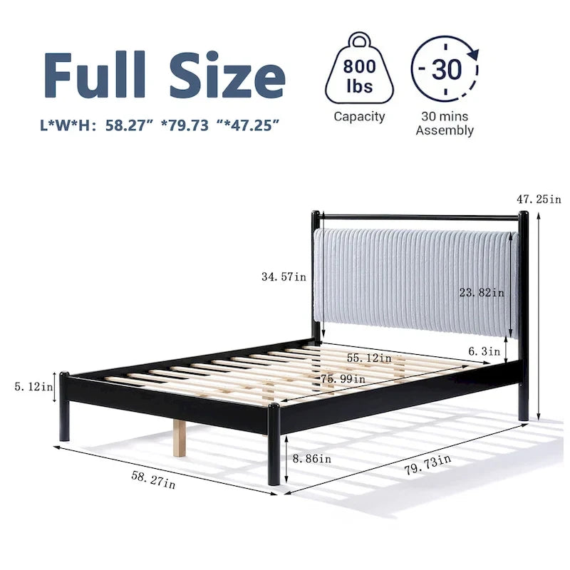 Grey & Black Full Platform Bed with Upholstered Headboard, Fits 1-2 People