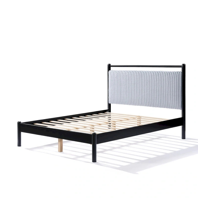 Grey & Black Full Platform Bed with Upholstered Headboard, Fits 1-2 People