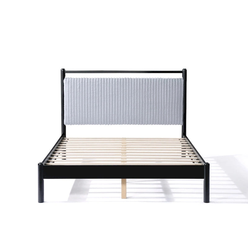 Grey & Black Full Platform Bed with Upholstered Headboard, Fits 1-2 People
