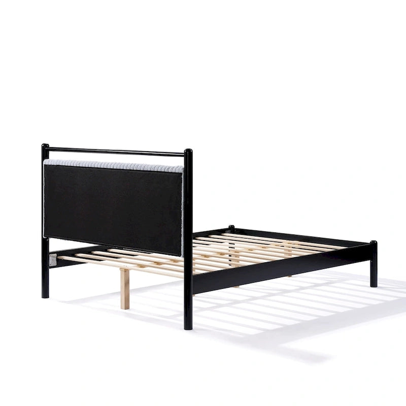 Grey & Black Full Platform Bed with Upholstered Headboard, Fits 1-2 People