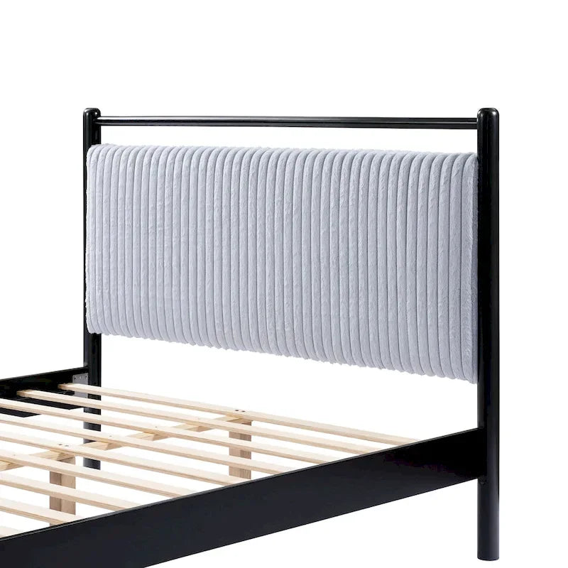 Grey & Black Full Platform Bed with Upholstered Headboard, Fits 1-2 People