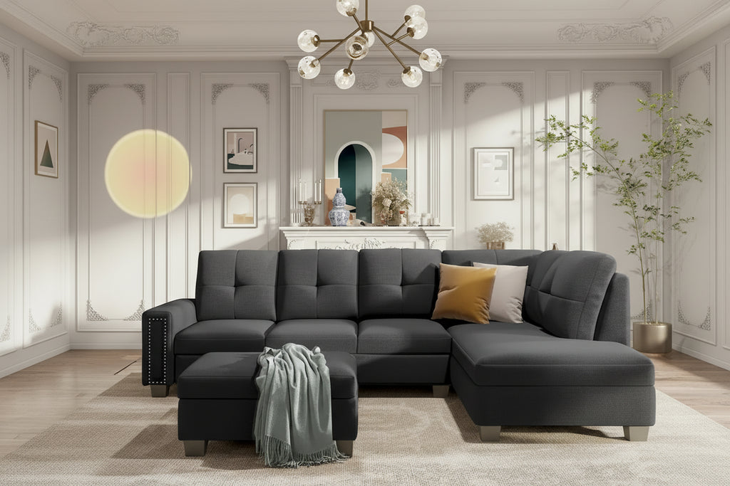 Grey 105.2 Reversible L-Shaped 6-Seater Sectional Sofa with Storage Ottoman and Cup Holders, Space-Saving Linen Design