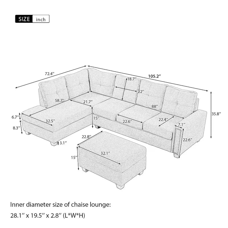 Grey 105.2 Reversible L-Shaped 6-Seater Sectional Sofa with Storage Ottoman and Cup Holders, Space-Saving Linen Design