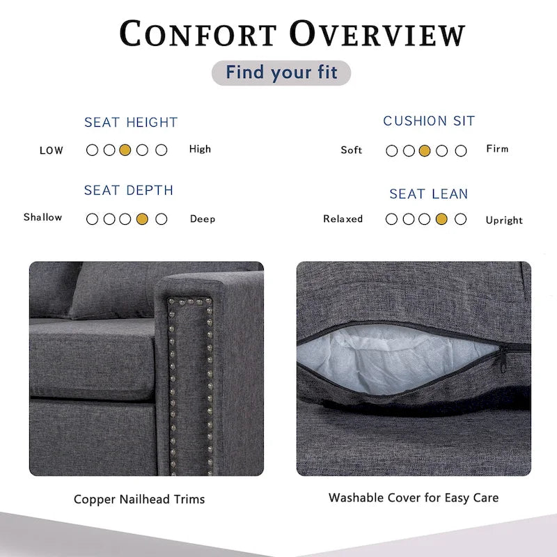 Grey 105.2 Reversible L-Shaped 6-Seater Sectional Sofa with Storage Ottoman and Cup Holders, Space-Saving Linen Design