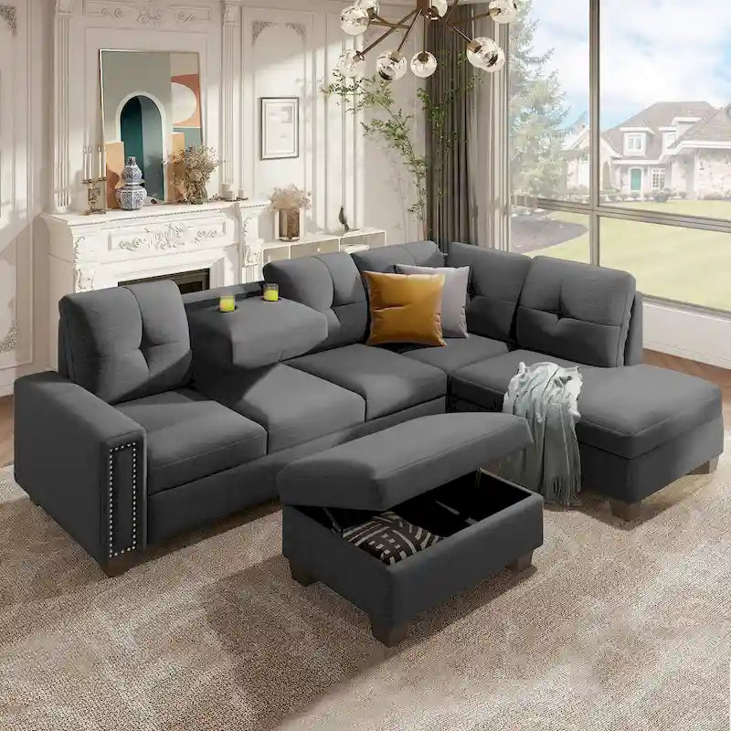 Grey 105.2 Reversible L-Shaped 6-Seater Sectional Sofa with Storage Ottoman and Cup Holders, Space-Saving Linen Design