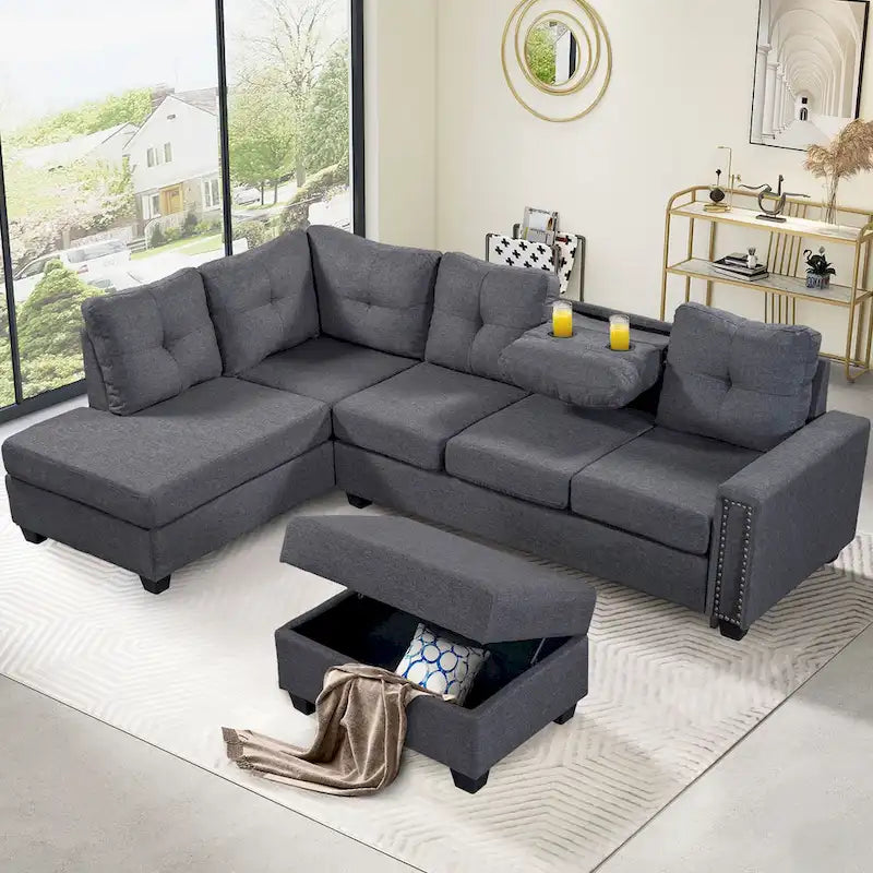 Grey 105.2 Reversible L-Shaped 6-Seater Sectional Sofa with Storage Ottoman and Cup Holders, Space-Saving Linen Design