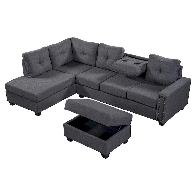 Grey 105.2 Reversible L-Shaped 6-Seater Sectional Sofa with Storage Ottoman and Cup Holders, Space-Saving Linen Design
