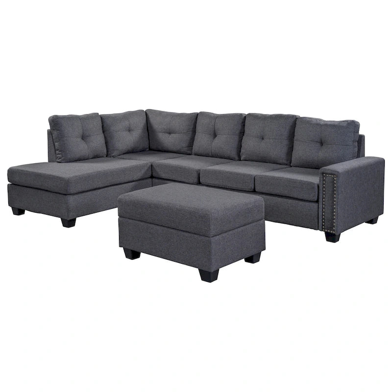 Grey 105.2 Reversible L-Shaped 6-Seater Sectional Sofa with Storage Ottoman and Cup Holders, Space-Saving Linen Design