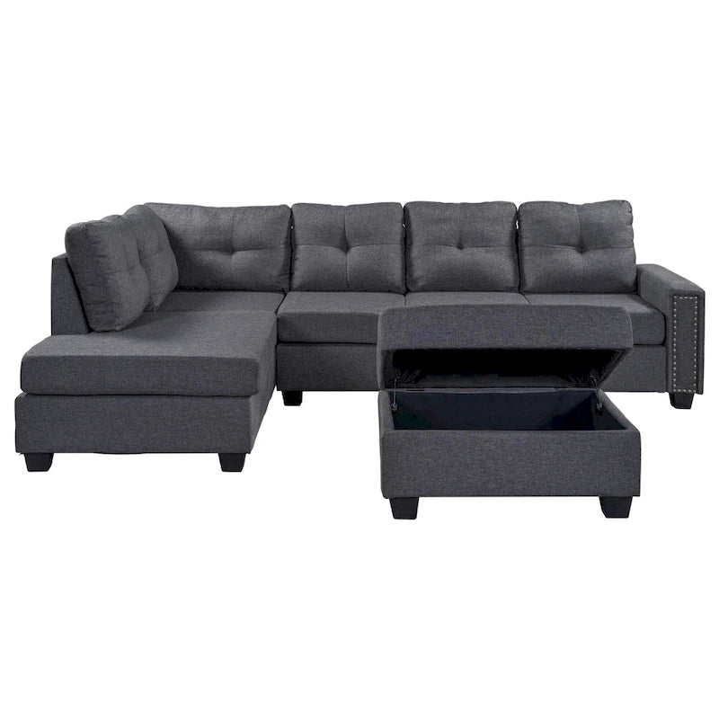 Grey 105.2 Reversible L-Shaped 6-Seater Sectional Sofa with Storage Ottoman and Cup Holders, Space-Saving Linen Design