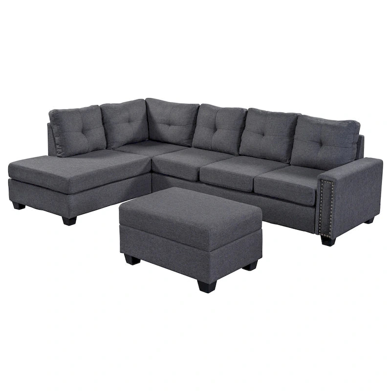 Grey 105.2 Reversible L-Shaped 6-Seater Sectional Sofa with Storage Ottoman and Cup Holders, Space-Saving Linen Design
