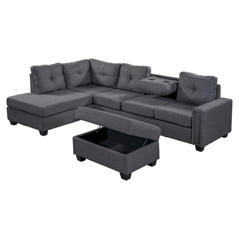 Grey 105.2 Reversible L-Shaped 6-Seater Sectional Sofa with Storage Ottoman and Cup Holders, Space-Saving Linen Design