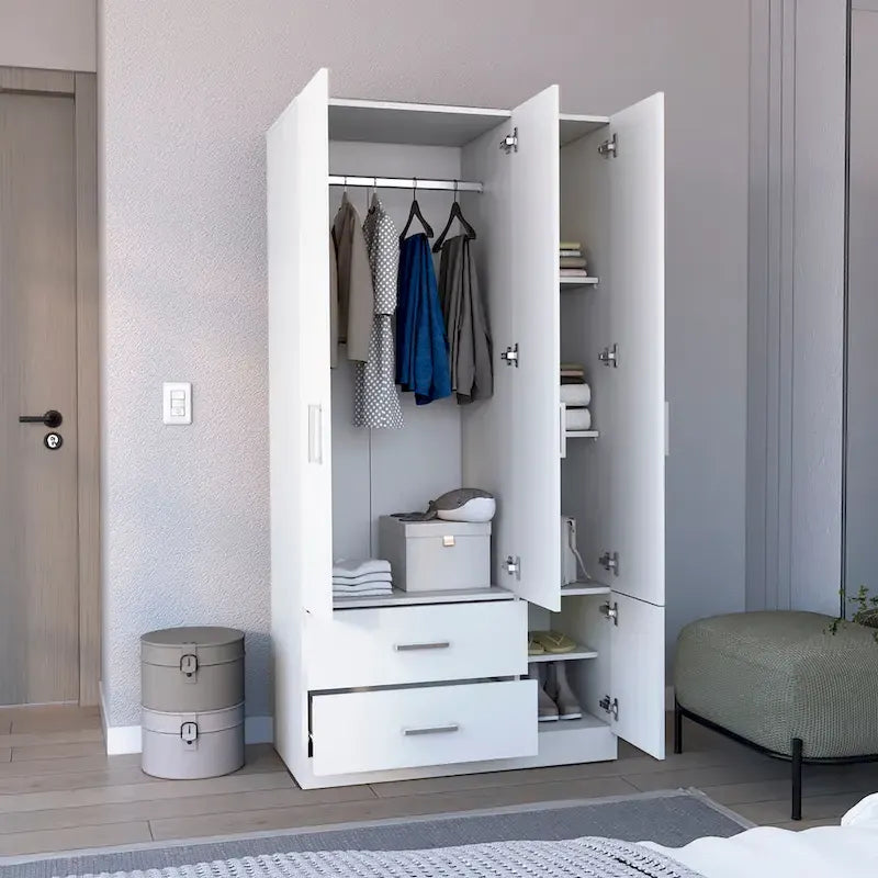 18.7 Modern Four-door Armoire with Hanging Rod, Two Drawers and 6 Shelves