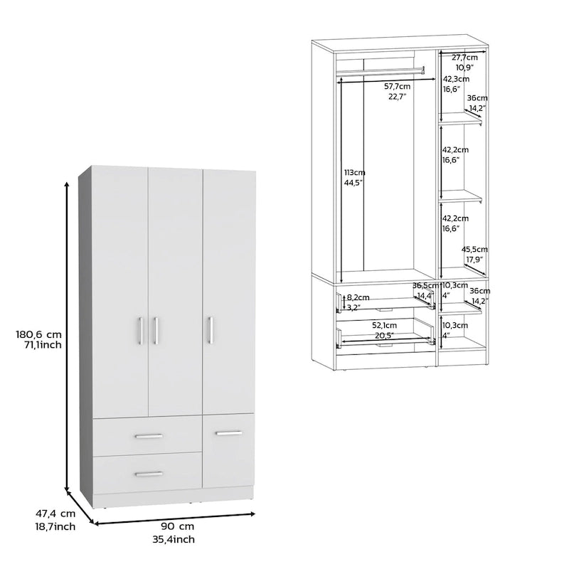 18.7 Modern Four-door Armoire with Hanging Rod, Two Drawers and 6 Shelves