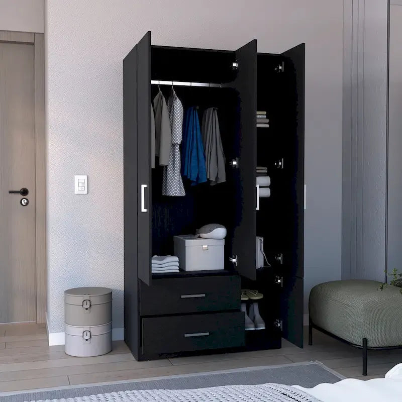 18.7 Modern Four-door Armoire with Hanging Rod, Two Drawers and 6 Shelves