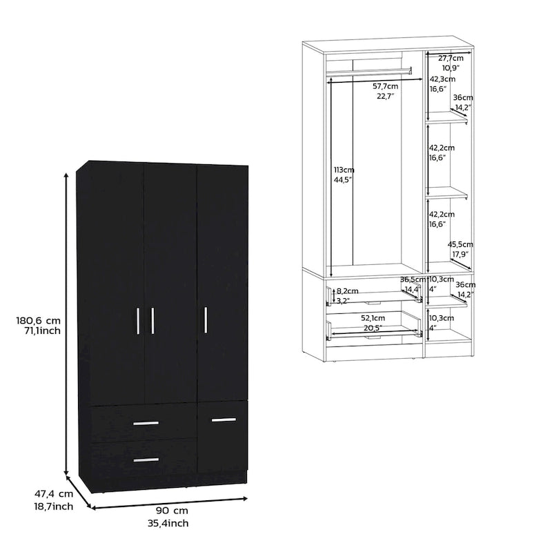 18.7 Modern Four-door Armoire with Hanging Rod, Two Drawers and 6 Shelves