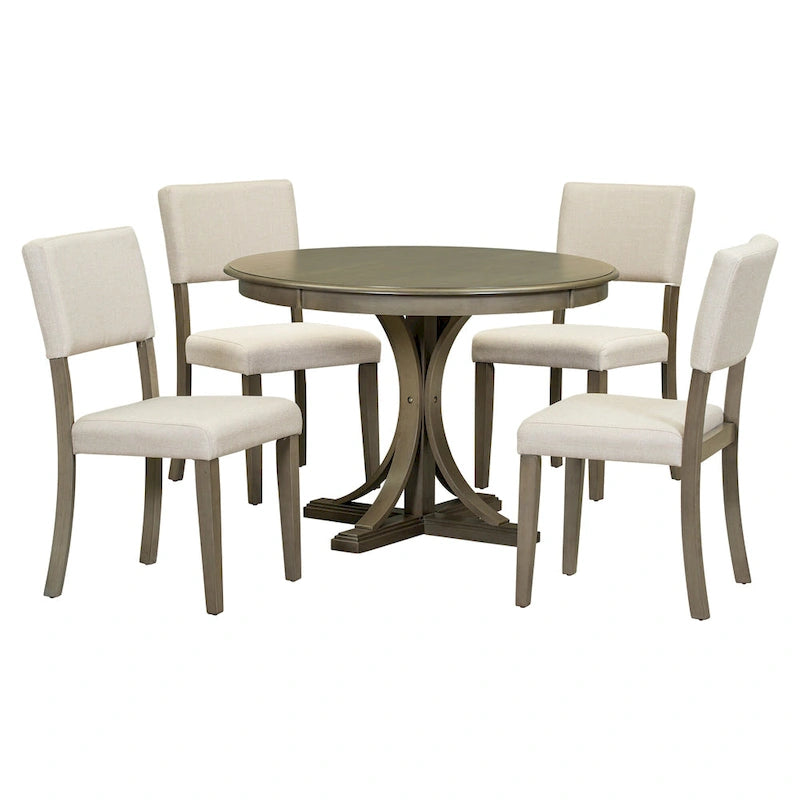Taupe Retro 5-Piece Wooden Dining Table Set with Curved Trestle Table & 4 Chairs