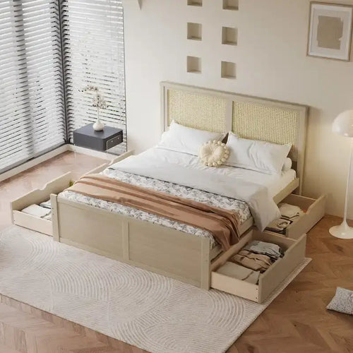 Antique Natural Full Size Storage Platform Bed with 4 Drawers & Rattan Headboard, Sleeps 2