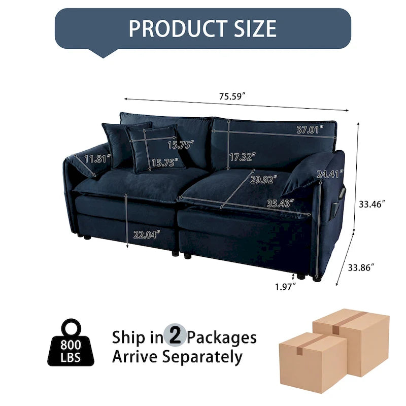 64 Oversized Chenille 2-Seater Sofa with DIY Combo & Storage Pockets