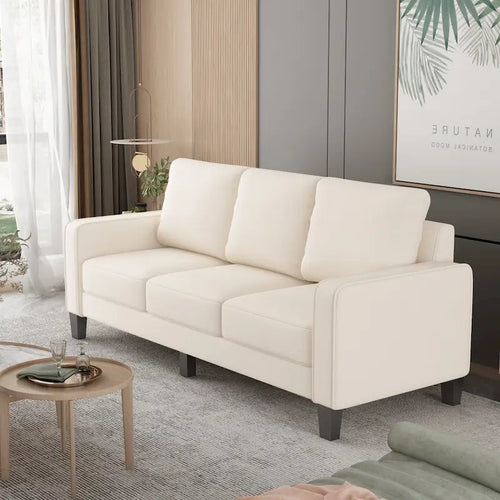 Beige Fabric 3-Seat Sofa with Square Arm & Tufted Back