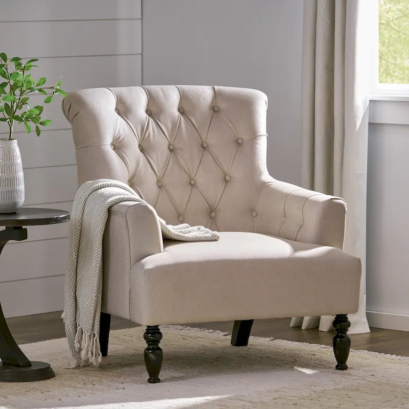 Tufted Club Armchair with Rolled Backrest – Beige / Teal / Gray, 1-Seat